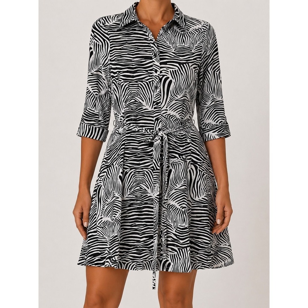 Merona Zebra Print Shirt Dress Black White Button Front Belted Size M